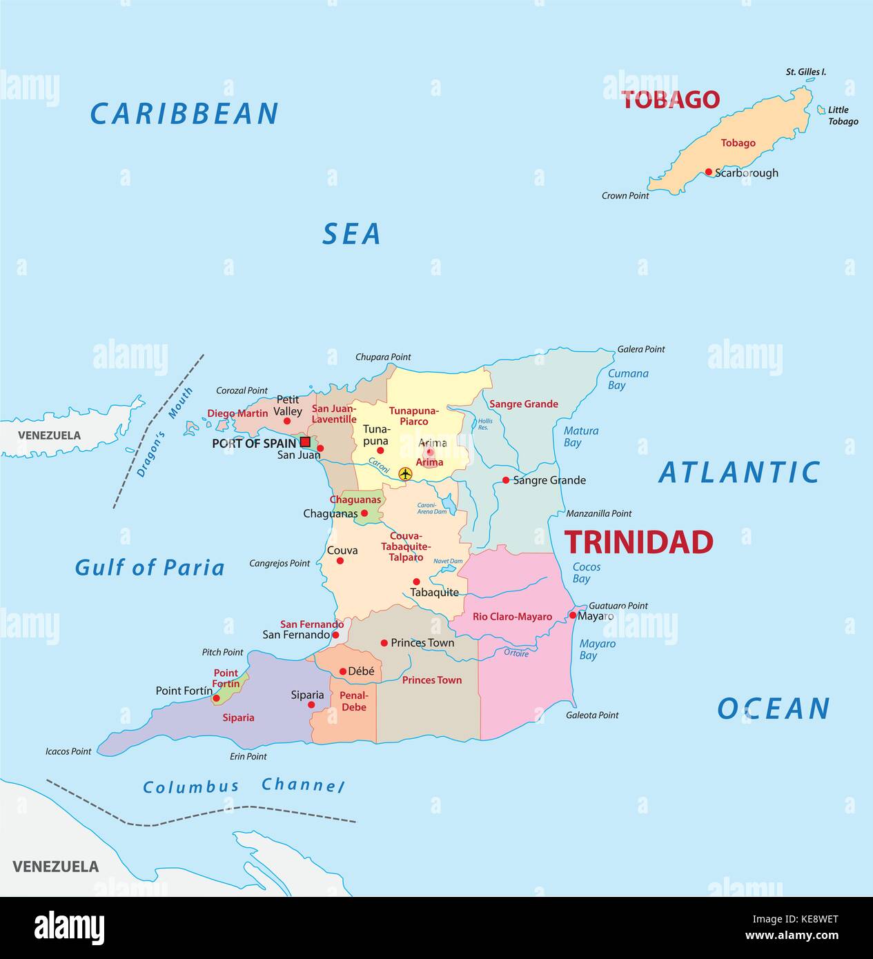 Trinidad e Tobago politica e amministrativa di mappa vettoriale Illustrazione Vettoriale