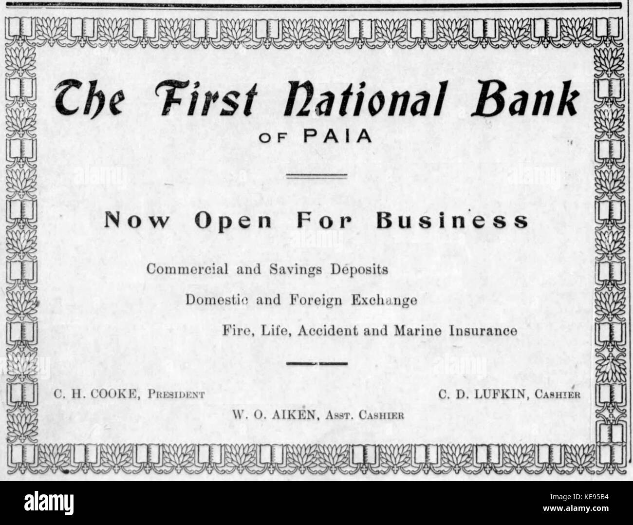 La prima banca nazionale di para (annuncio, 25 ott 1913) Foto Stock