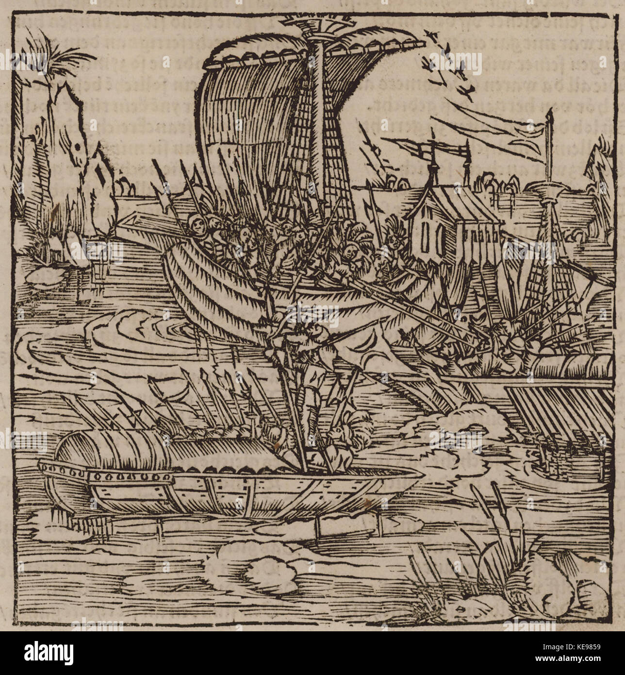 Le navi inviate da Ferdinando d'Aragona e Sicilia attaccare le forze Ottomano Johannes Adelphus 1513 Foto Stock