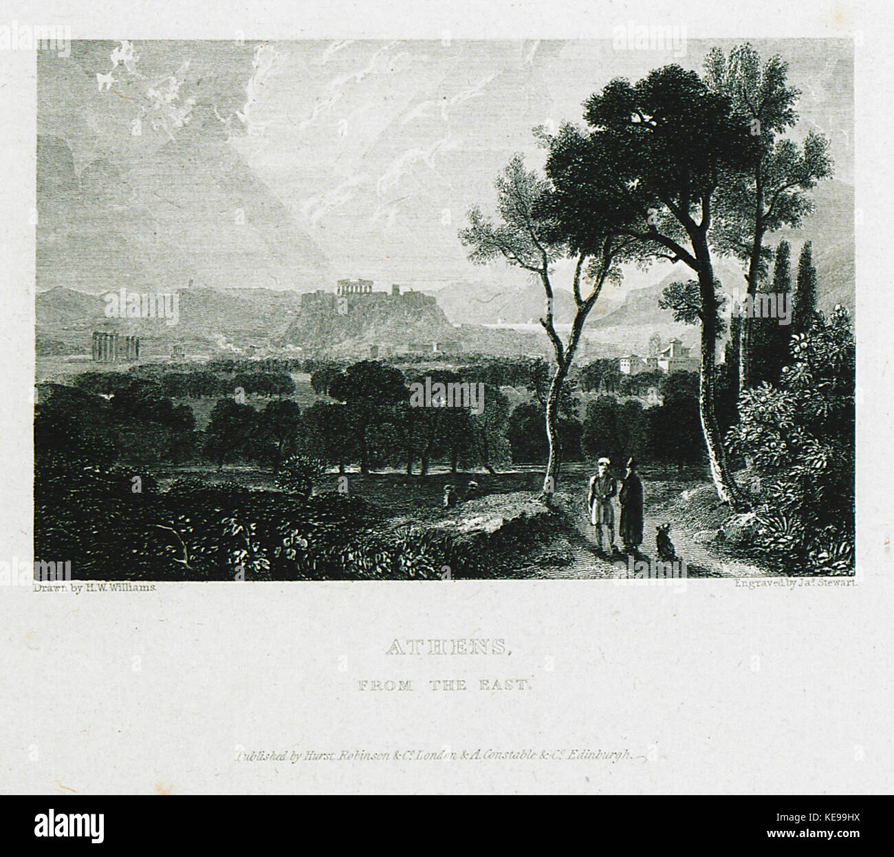 Questo dipinto del 1829 di Hugh William Williams raffigura la città di Atene vista da est. Le opere d'arte catturano il paesaggio storico e i punti di riferimento principali, mostrando il patrimonio classico di Atene. Foto Stock