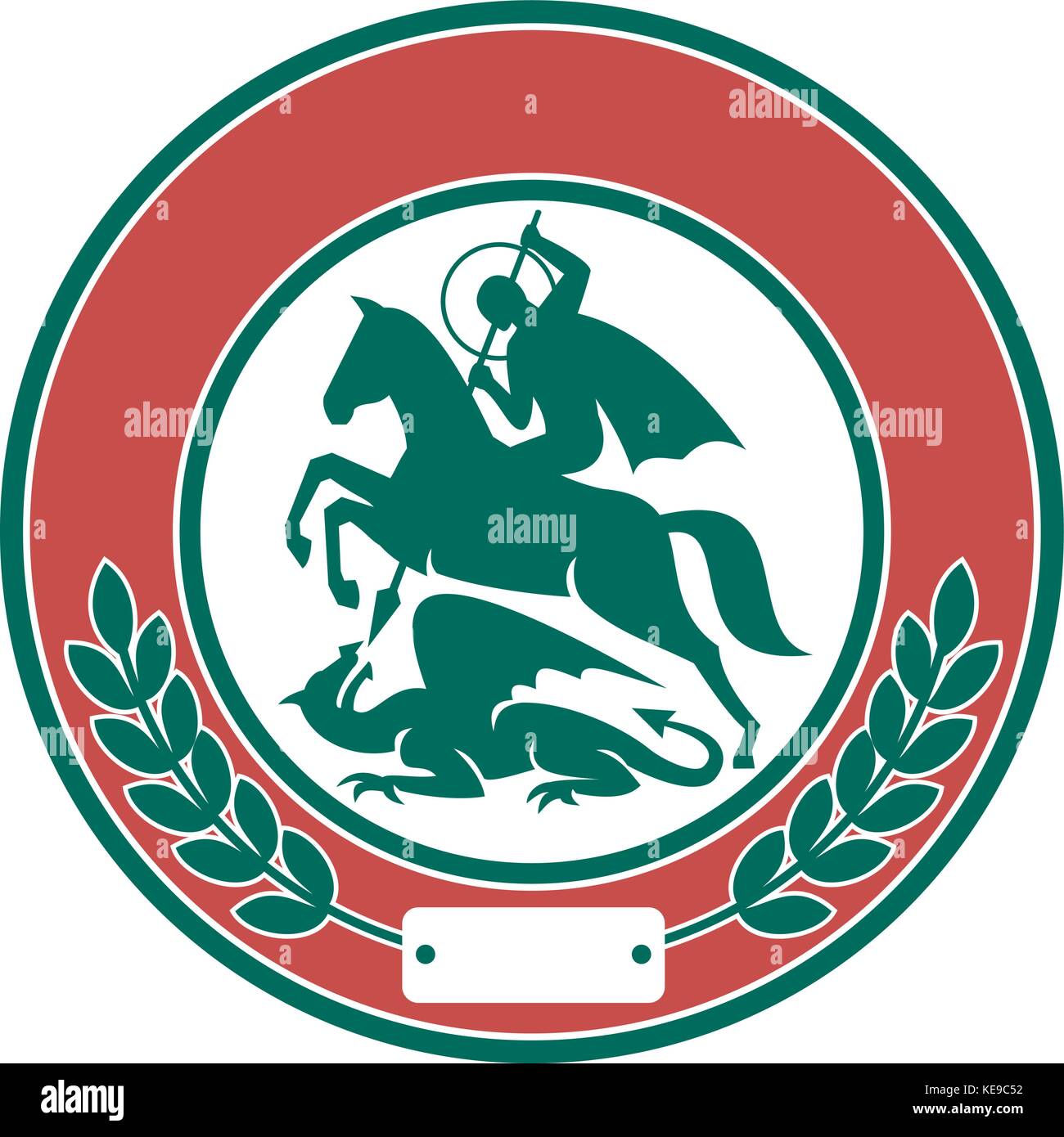 In stile retrò illustrazione di san Giorgio a cavallo che uccide il drago con la lancia con attraversata alloro foglie di oliva insieme all'interno del cerchio sul backg isolato Illustrazione Vettoriale