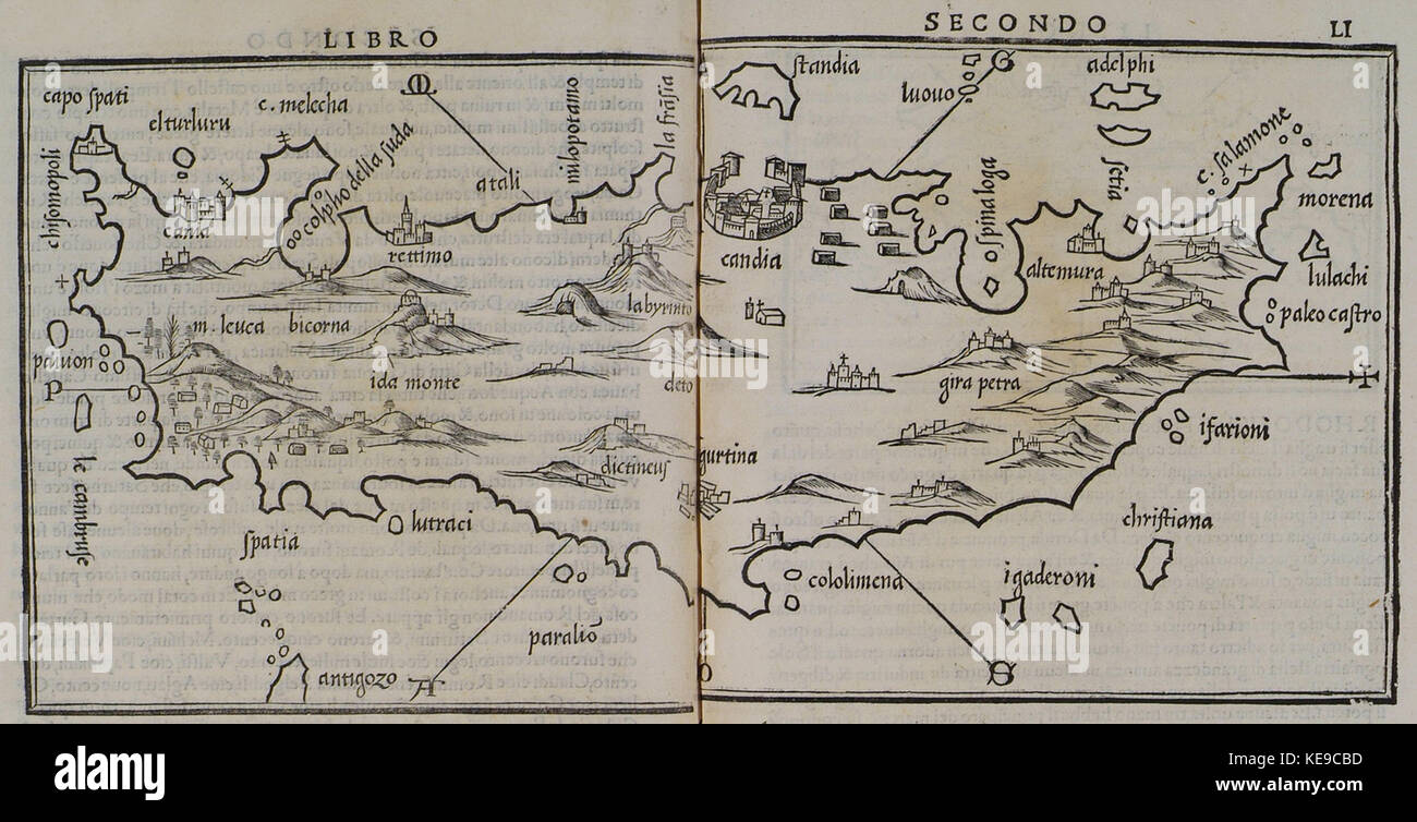 Questa mappa, creata da Benedetto Bordone nel 1547, raffigura l'isola di Creta, evidenziandone le caratteristiche geografiche e l'importanza durante il periodo rinascimentale. Foto Stock