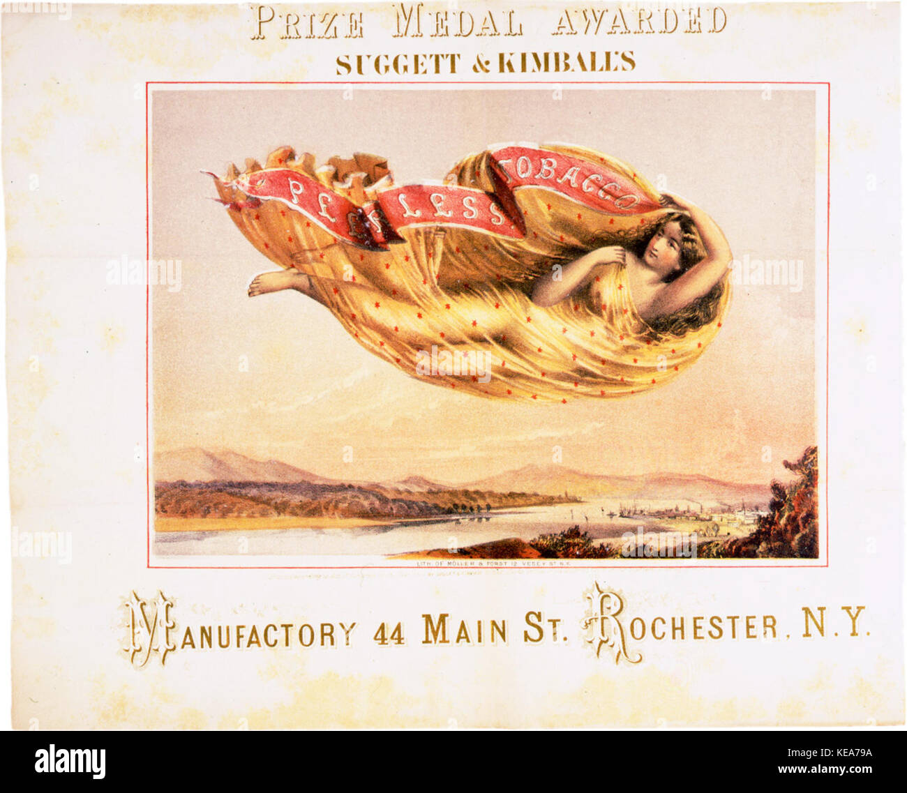 Un'etichetta di tabacco del marchio "Peerless" di Suggett & Kimball, risalente al 1864, che riflette le pratiche di branding e marketing storiche. Foto Stock