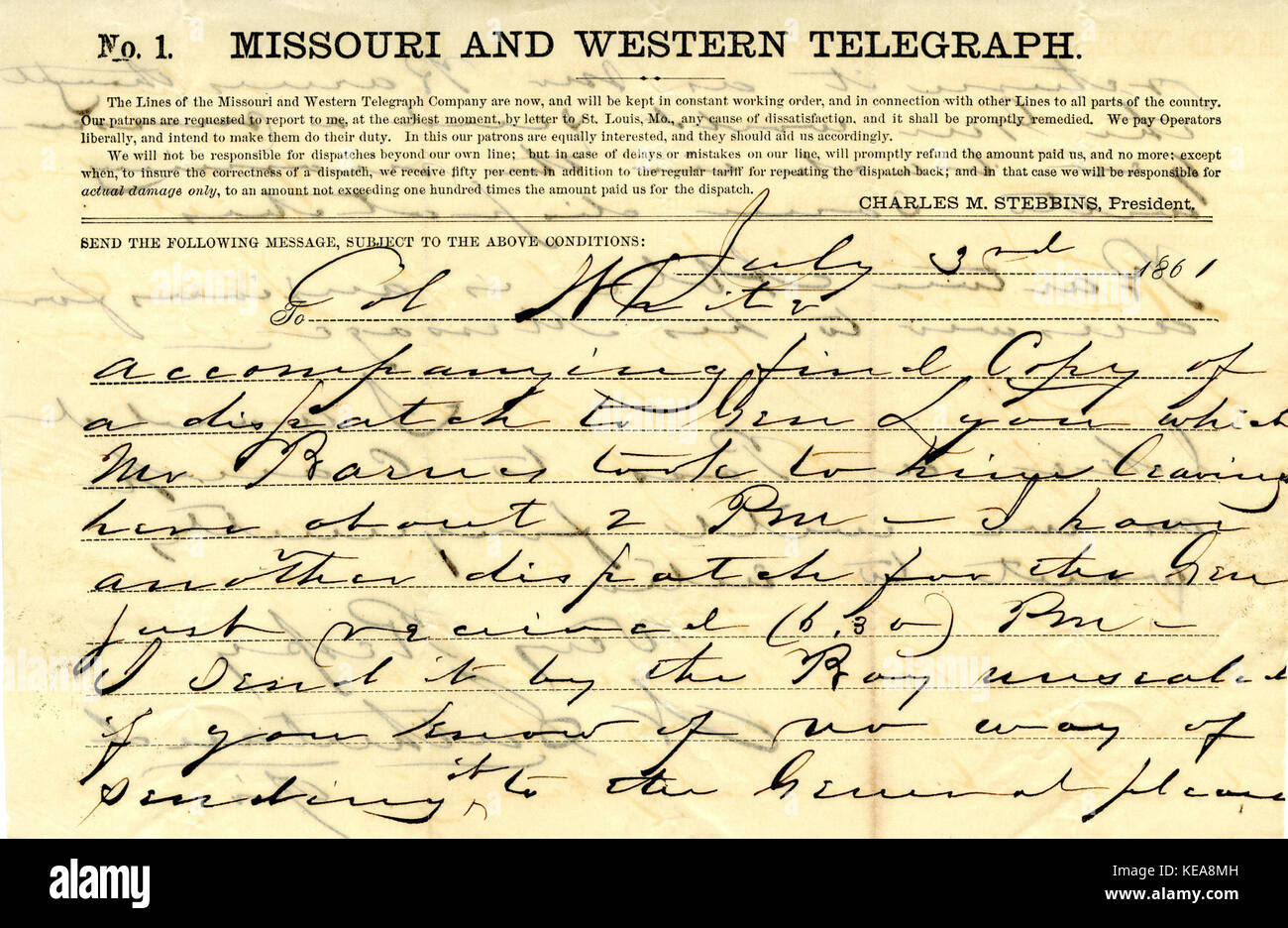 Telegraph di N. Sutherland al colonnello bianco (Robert White), 3 Luglio 1861 Foto Stock