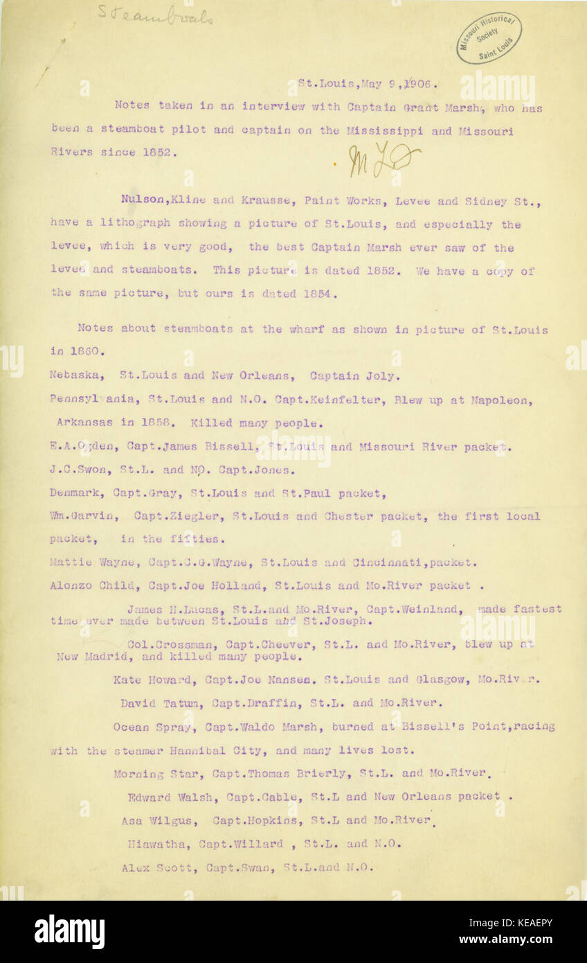 Dattiloscritto copia di appunti presi da Mary Louise Dalton in una intervista con il Capitano Grant Marsh, 9 maggio 1906 Foto Stock