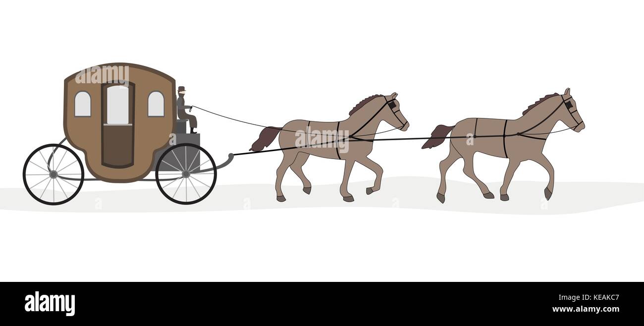 Carrello con cavalli e driver su sfondo bianco Illustrazione Vettoriale