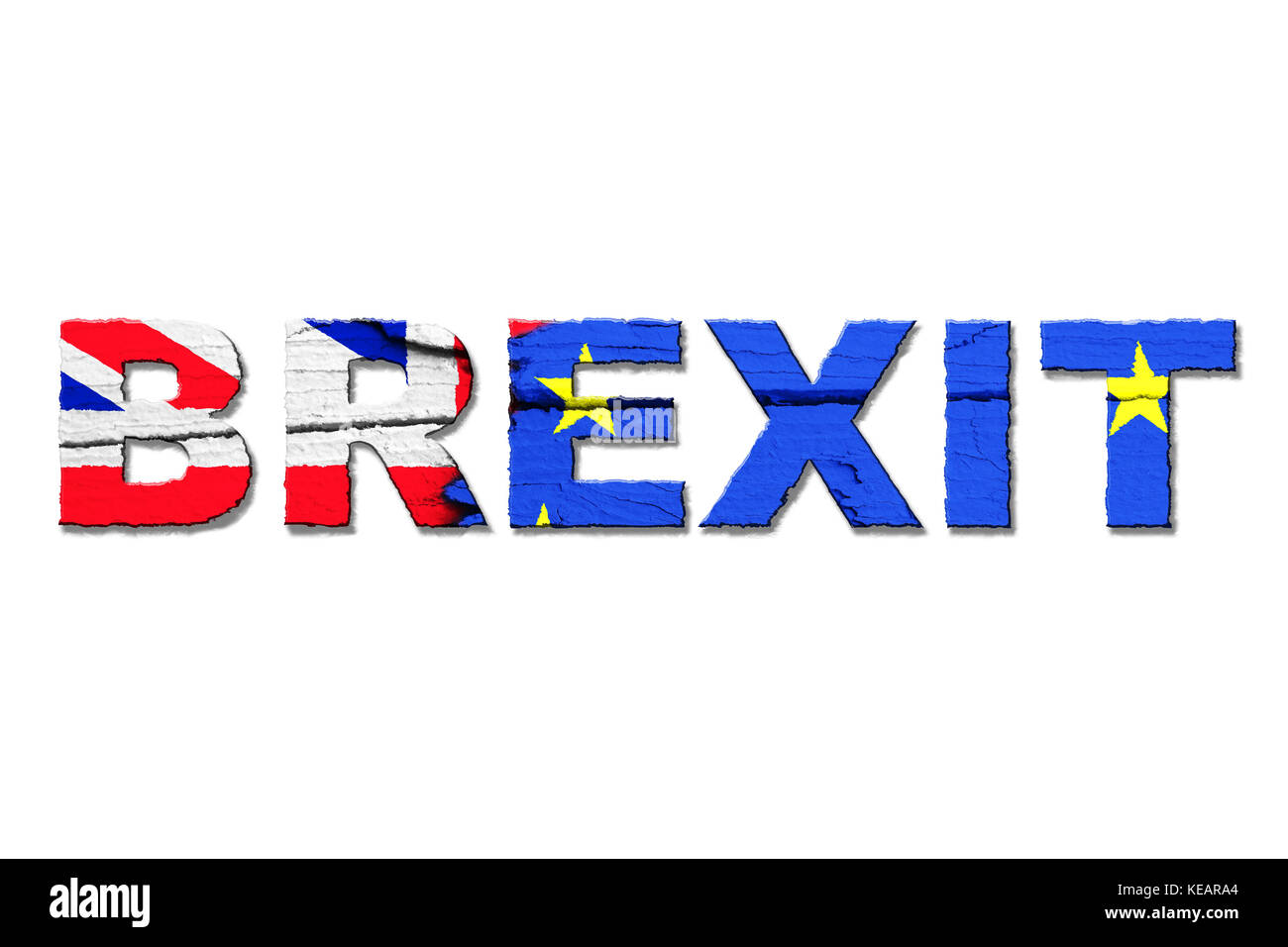 Brexit parola isolata con i colori dalla bandiera dell'Unione europea (UE) e il Regno Unito (UK) dipinte con intensi colori luminosi su legno incrinato Foto Stock