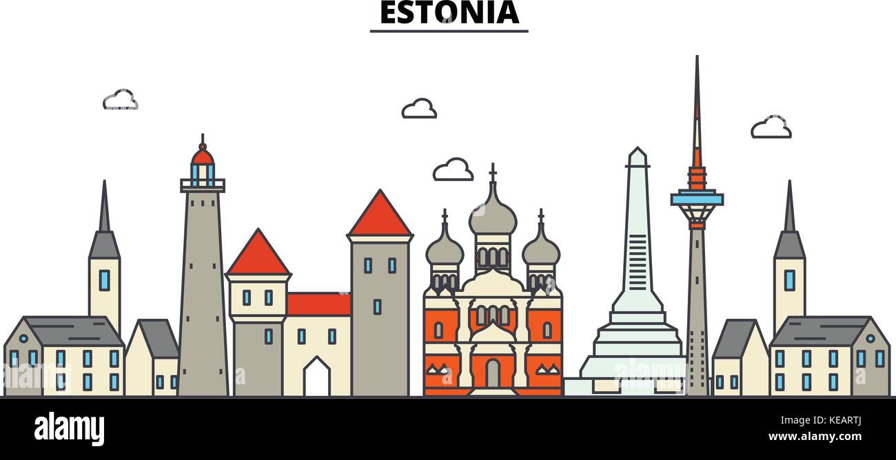 Estonia, Tallinn. skyline della città di architettura, edifici, strade, silhouette, paesaggio, panorama, Landmarks. corse modificabile. piatta linea design illustrazione vettoriale concetto. isolato set di icone Illustrazione Vettoriale