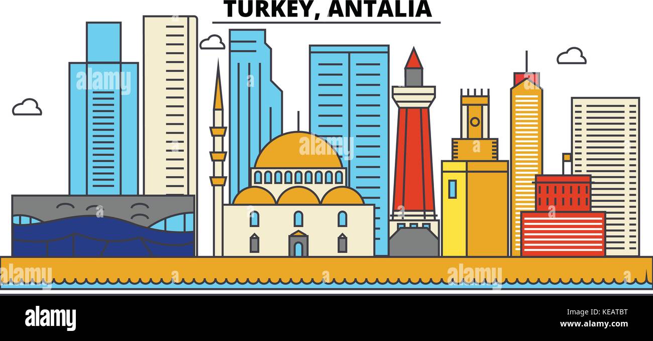 Turchia, Antalia. skyline della città di architettura, edifici, strade, silhouette, paesaggio, panorama, Landmarks. corse modificabile. piatta linea design illustrazione vettoriale concetto. isolato set di icone Illustrazione Vettoriale