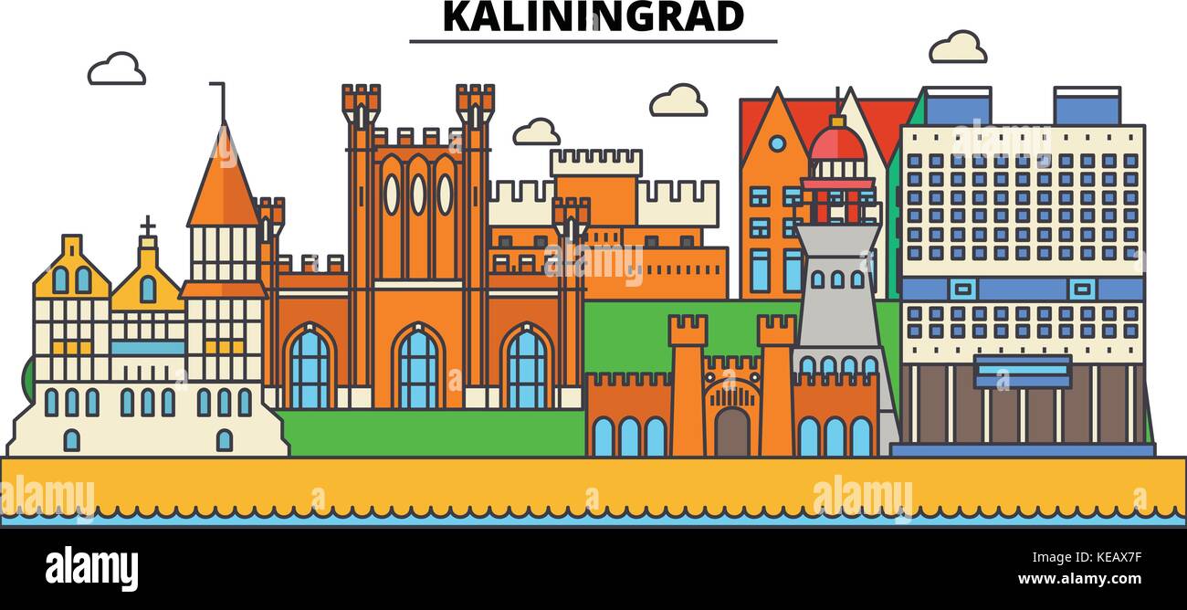 Russia, Kaliningrad, la Prussia. skyline della città, architettura, edifici, strade, silhouette, paesaggio, panorama, Landmarks. corse modificabile. piatta linea design illustrazione vettoriale nozione isolati a icone Illustrazione Vettoriale