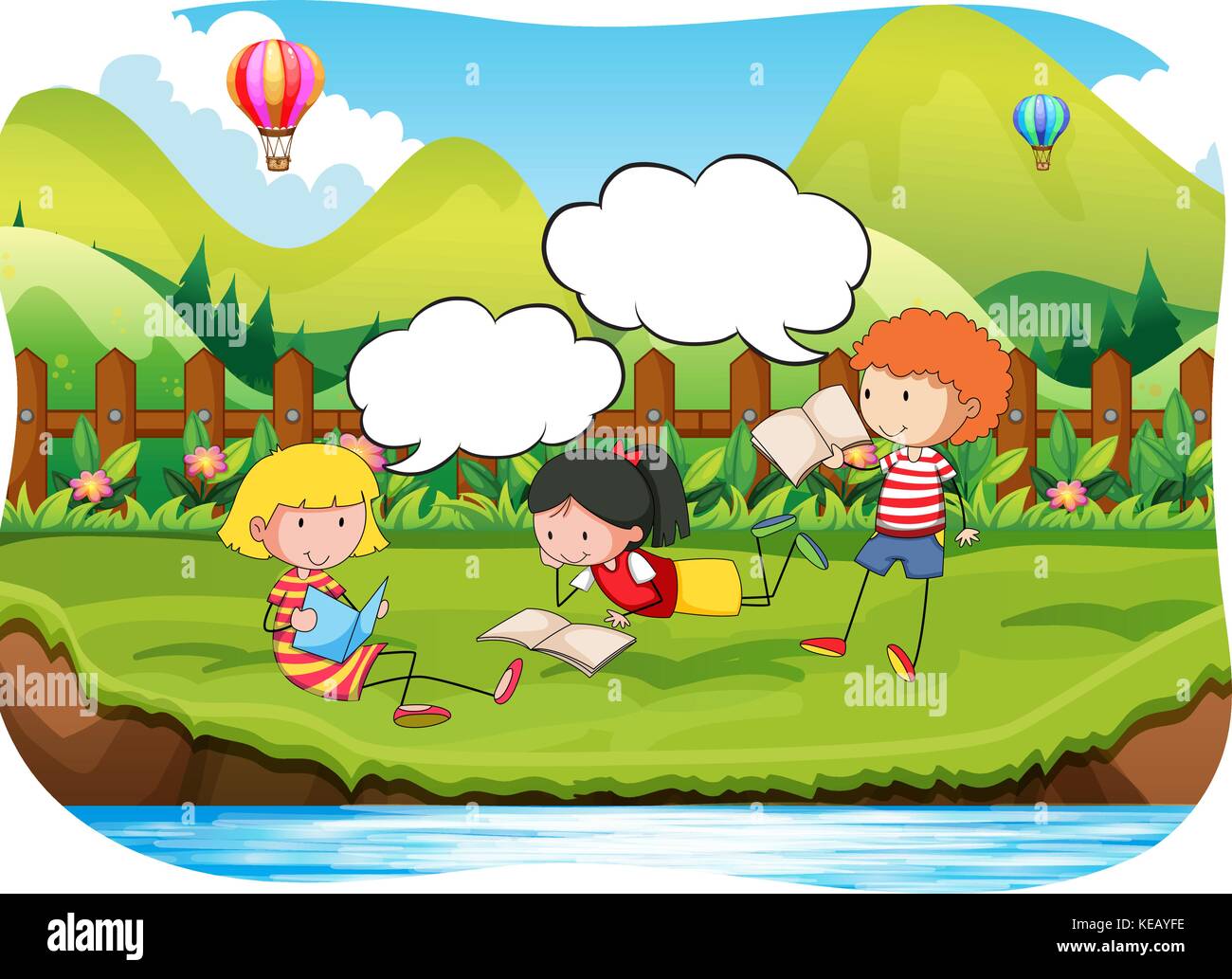 Tre bambini la lettura di libri nel parco Illustrazione Vettoriale