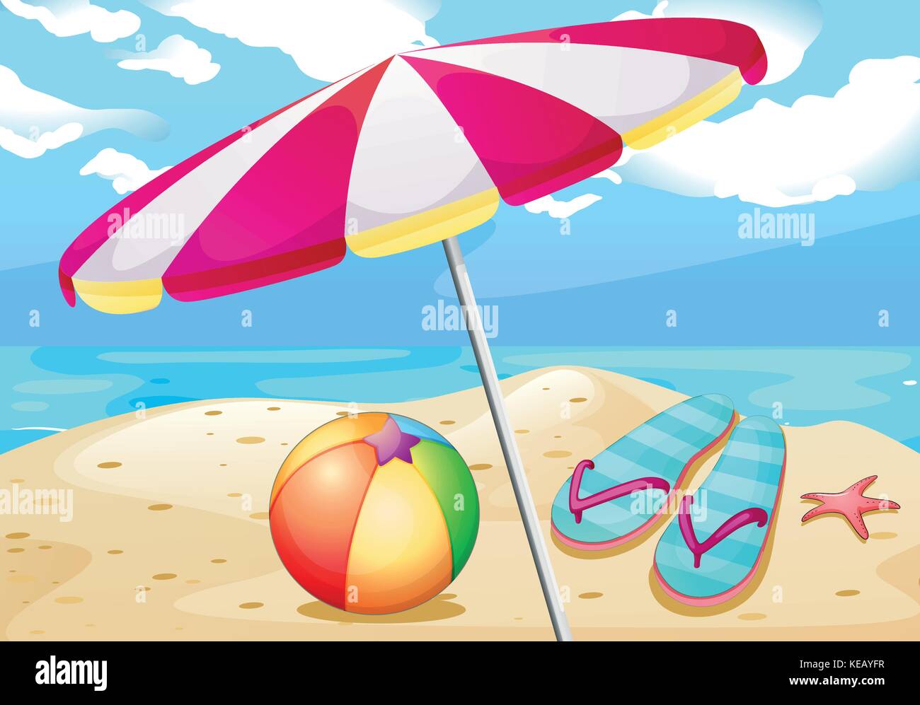 Illustrazione della spiaggia vista con umbrealla e beachball Illustrazione Vettoriale