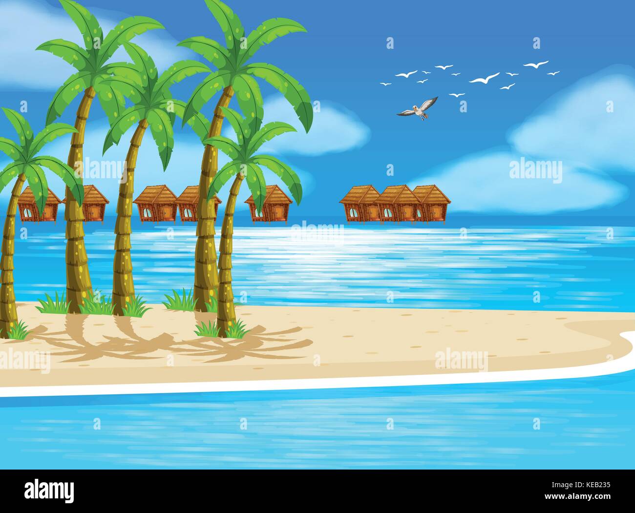 Illustrazione della spiaggia vista con bungalows Illustrazione Vettoriale