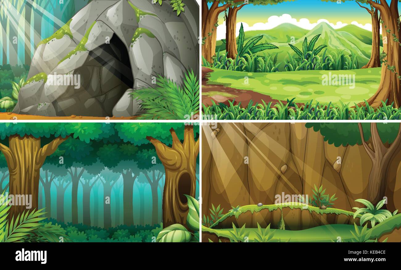 Illustrazione di quattro scene di foreste e una grotta Illustrazione Vettoriale
