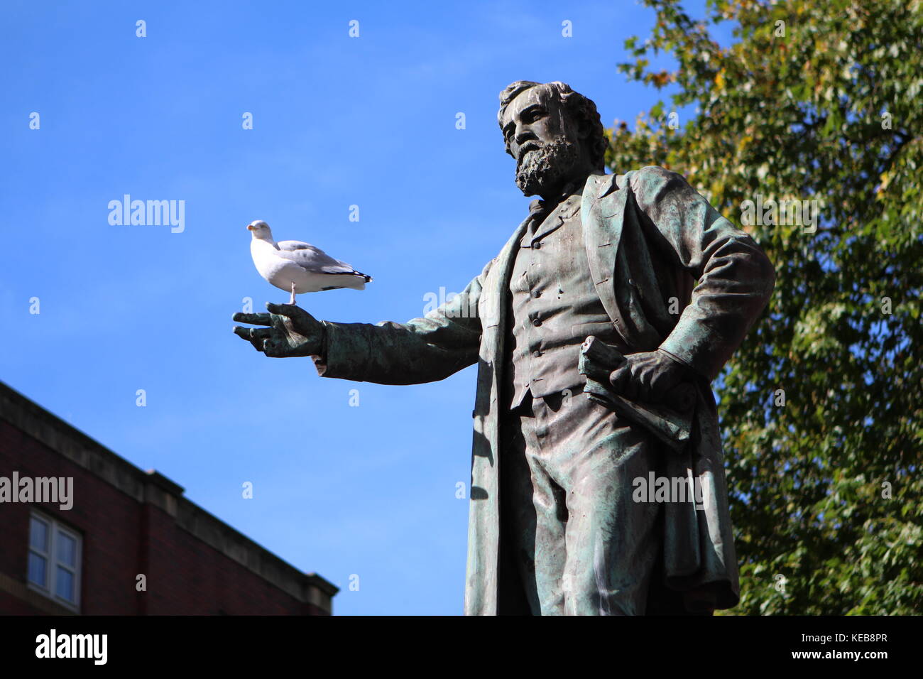 Un gabbiano posatoi sul braccio di una statua in Cardiff City Centre. Foto Stock