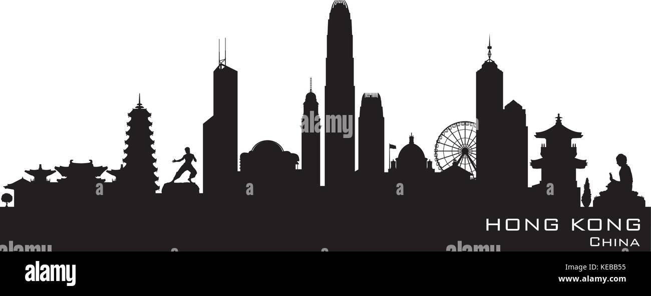 Hong Kong Cina skyline dettagliata silhouette vettoriali Illustrazione Vettoriale