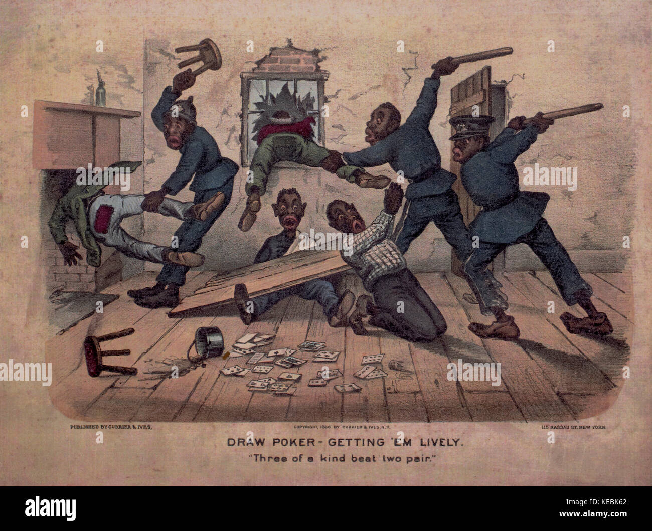 Draw Poker, ottenere 'em vivace, 'tre di un genere sbattere due coppia', courier & ives, USA, 1886 Foto Stock