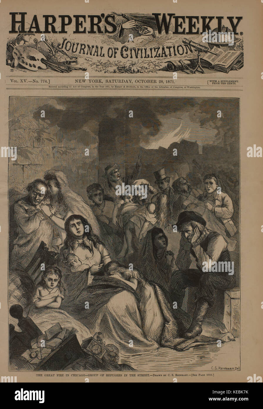 Il Grande incendio di Chicago, Gruppo di rifugiati in strada, disegnato da C.S. Reinhart, Harper's Weekly, 28 ottobre 1871 Foto Stock