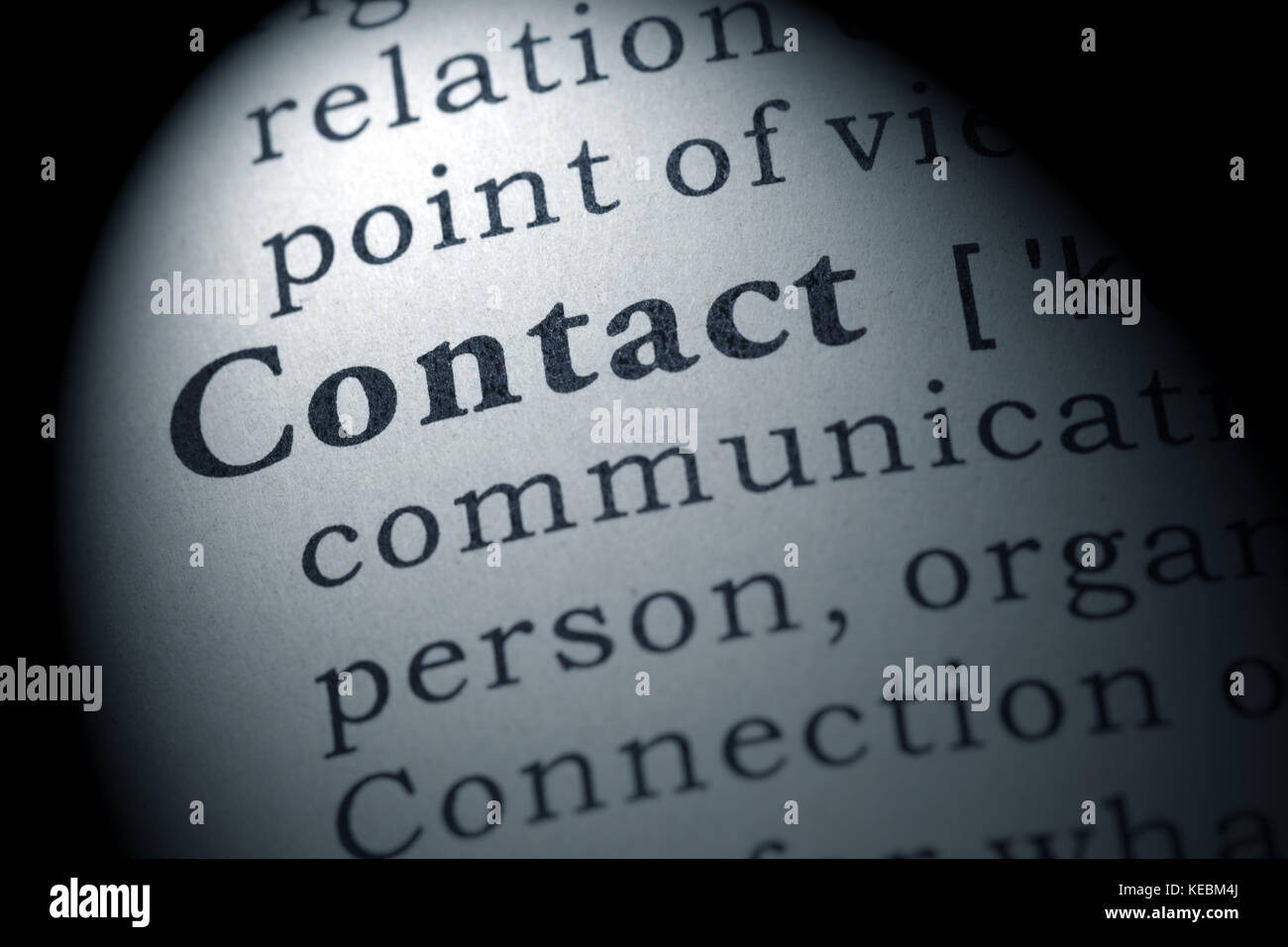 Fake Dizionario, definizione del dizionario della parola contatto. comprendente i principali parole descrittive. Foto Stock