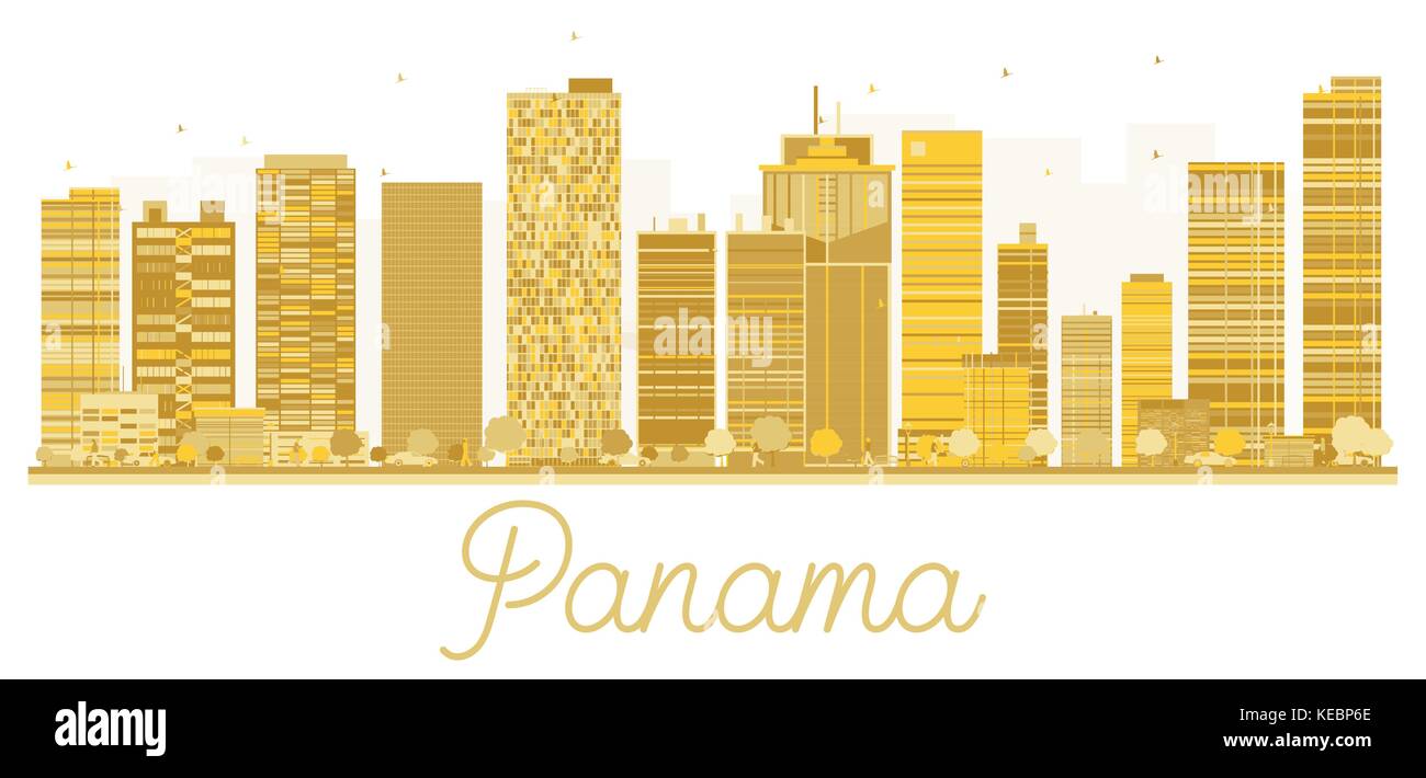 Panama City skyline golden silhouette. Illustrazione Vettoriale. Business travel concept. Panama Cityscape con punti di riferimento Illustrazione Vettoriale