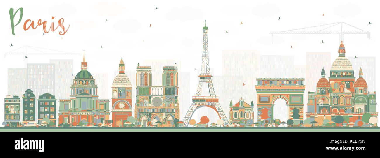 Lo skyline di Parigi con i punti di riferimento di colore. Illustrazione Vettoriale. Viaggi di affari e turismo concetto con edifici storici. Paesaggio urbano di Parigi. Illustrazione Vettoriale