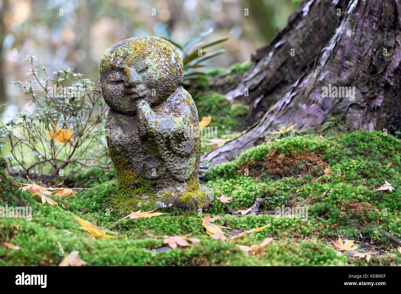 Giappone, isola di Honshu, Kansai, ohara, sanzen-nel tempio, statua in giardini zen. Foto Stock