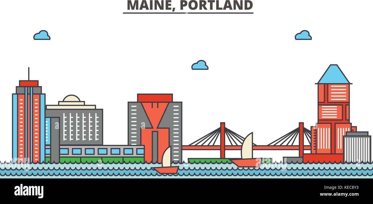 Maine, portland.skyline della città di architettura, edifici, strade, silhouette, paesaggio, panorama, punti di riferimento, icone. corse modificabile. piatta linea design illustrazione vettoriale concetto. Illustrazione Vettoriale