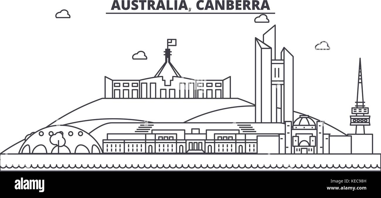 Australia, Canberra architettura skyline di linea illustrazione. vettore lineare cityscape con famosi punti di riferimento della città, icone del design. paesaggio all corse modificabile Illustrazione Vettoriale