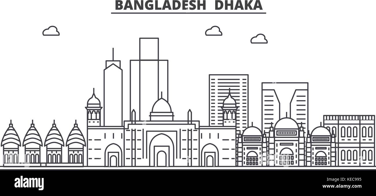 Bangladesh, Dhaka architettura skyline di linea illustrazione. vettore lineare cityscape con famosi punti di riferimento della città, icone del design. paesaggio all corse modificabile Illustrazione Vettoriale