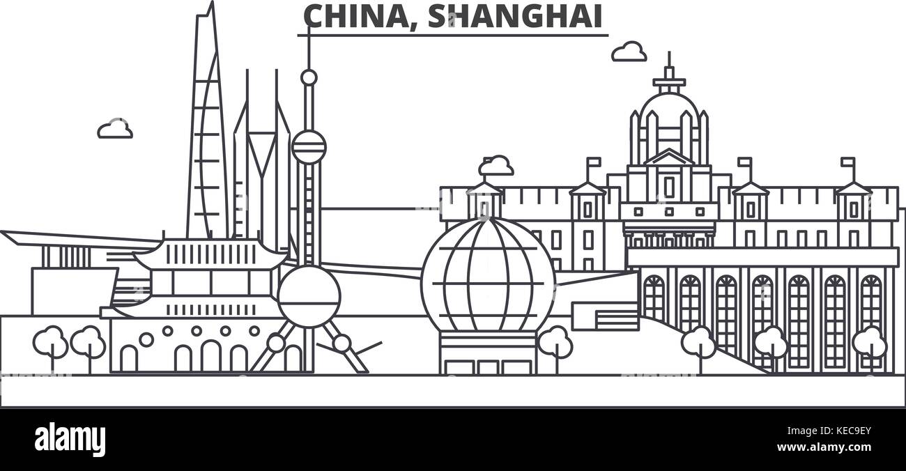 Cina, Shanghai architettura skyline di linea illustrazione. vettore lineare cityscape con famosi punti di riferimento della città, icone del design. paesaggio all corse modificabile Illustrazione Vettoriale