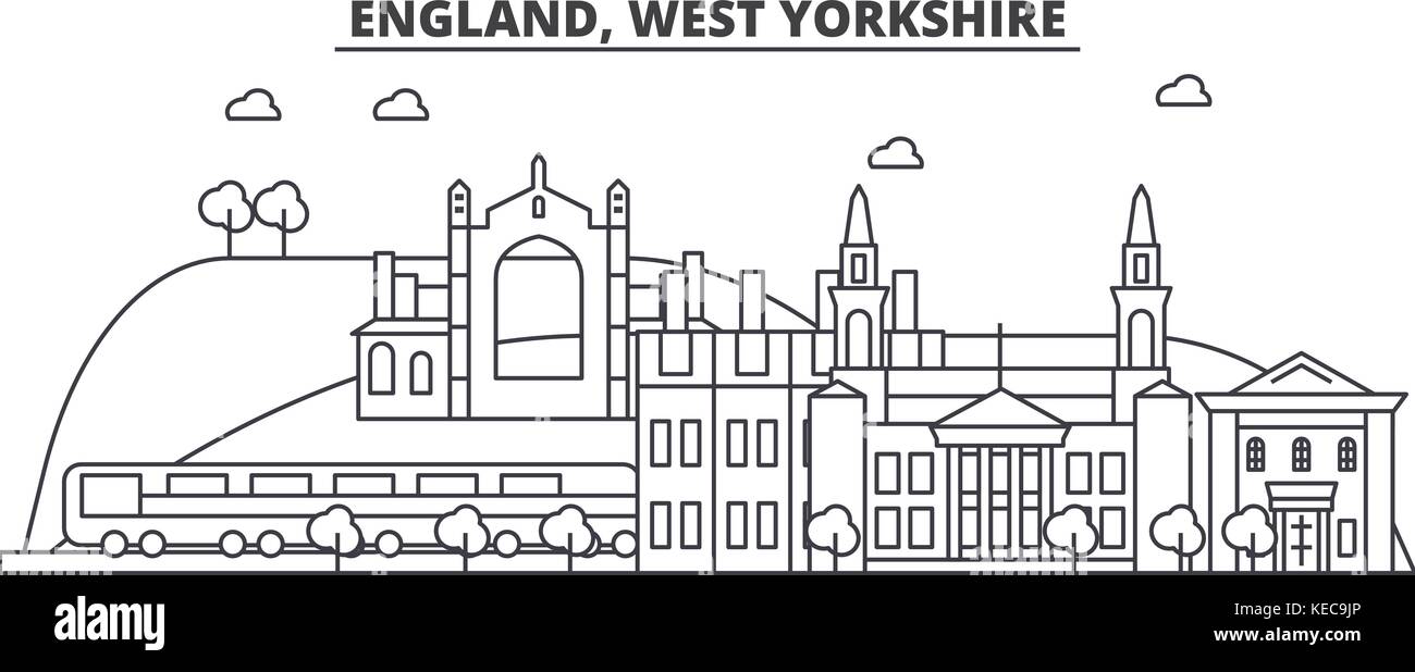 Inghilterra, West Yorkshire architettura skyline di linea illustrazione. vettore lineare cityscape con famosi punti di riferimento della città, icone del design. paesaggio all corse modificabile Illustrazione Vettoriale