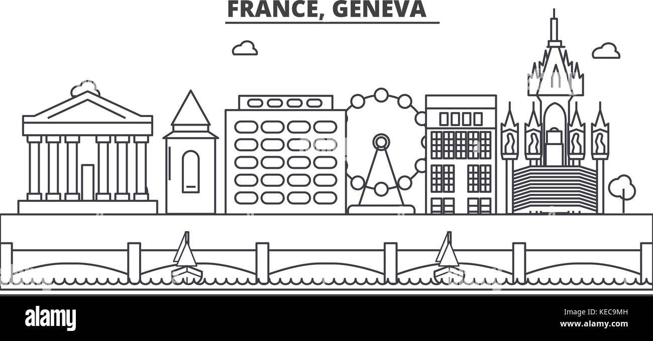 Francia, Ginevra architettura skyline di linea illustrazione. vettore lineare cityscape con famosi punti di riferimento della città, icone del design. paesaggio all corse modificabile Illustrazione Vettoriale
