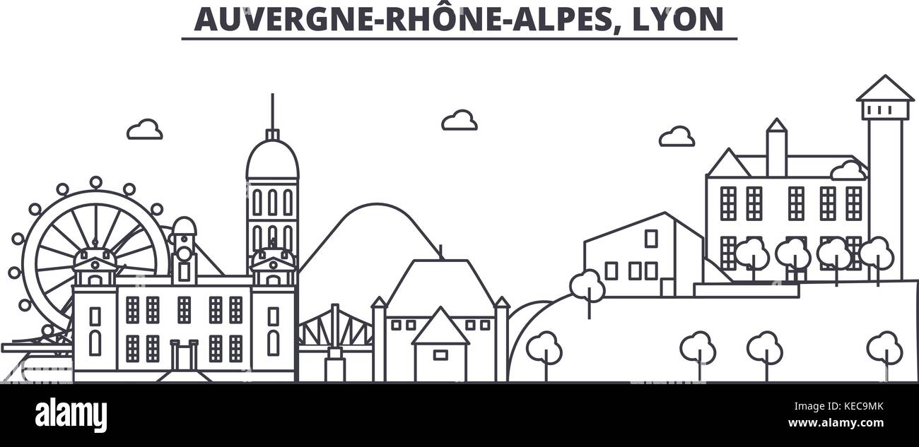 Francia, Lione architettura skyline di linea illustrazione. vettore lineare cityscape con famosi punti di riferimento della città, icone del design. paesaggio all corse modificabile Illustrazione Vettoriale