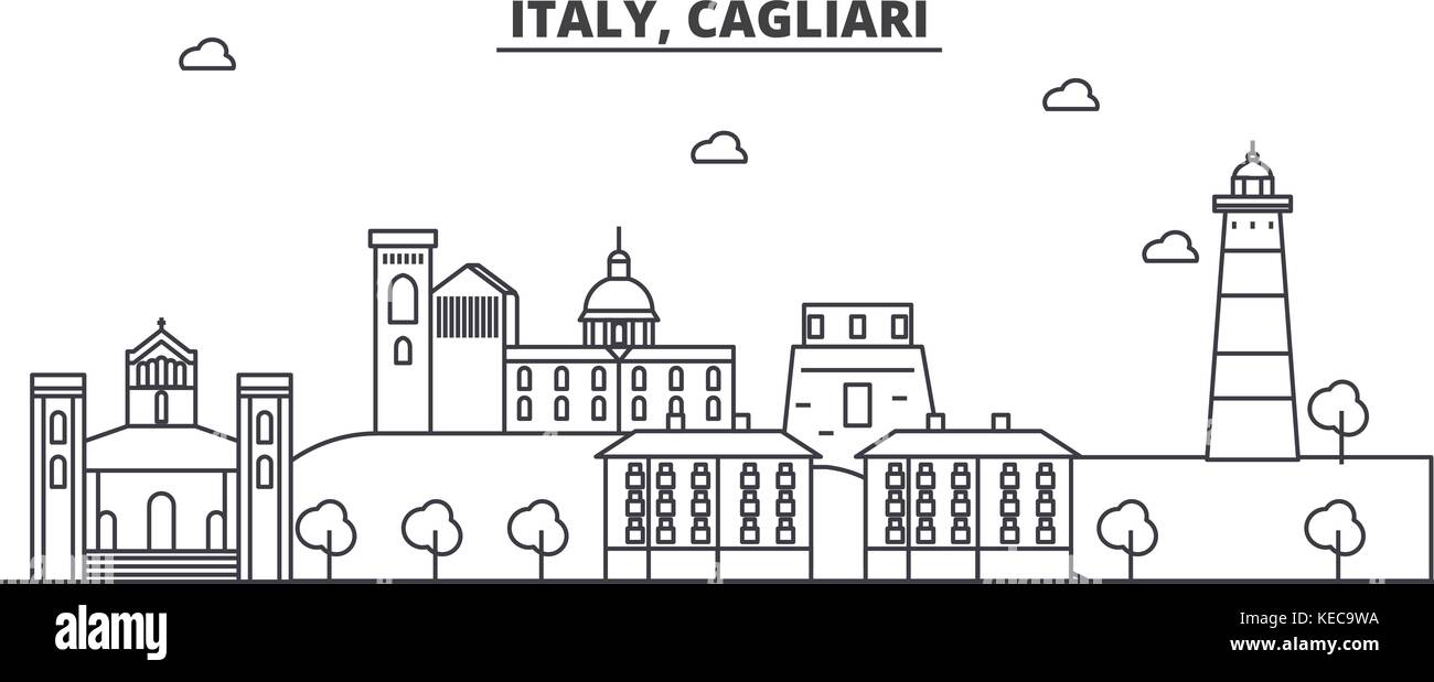 L'Italia, Cagliari architettura skyline di linea illustrazione. vettore lineare cityscape con famosi punti di riferimento della città, icone del design. paesaggio all corse modificabile Illustrazione Vettoriale