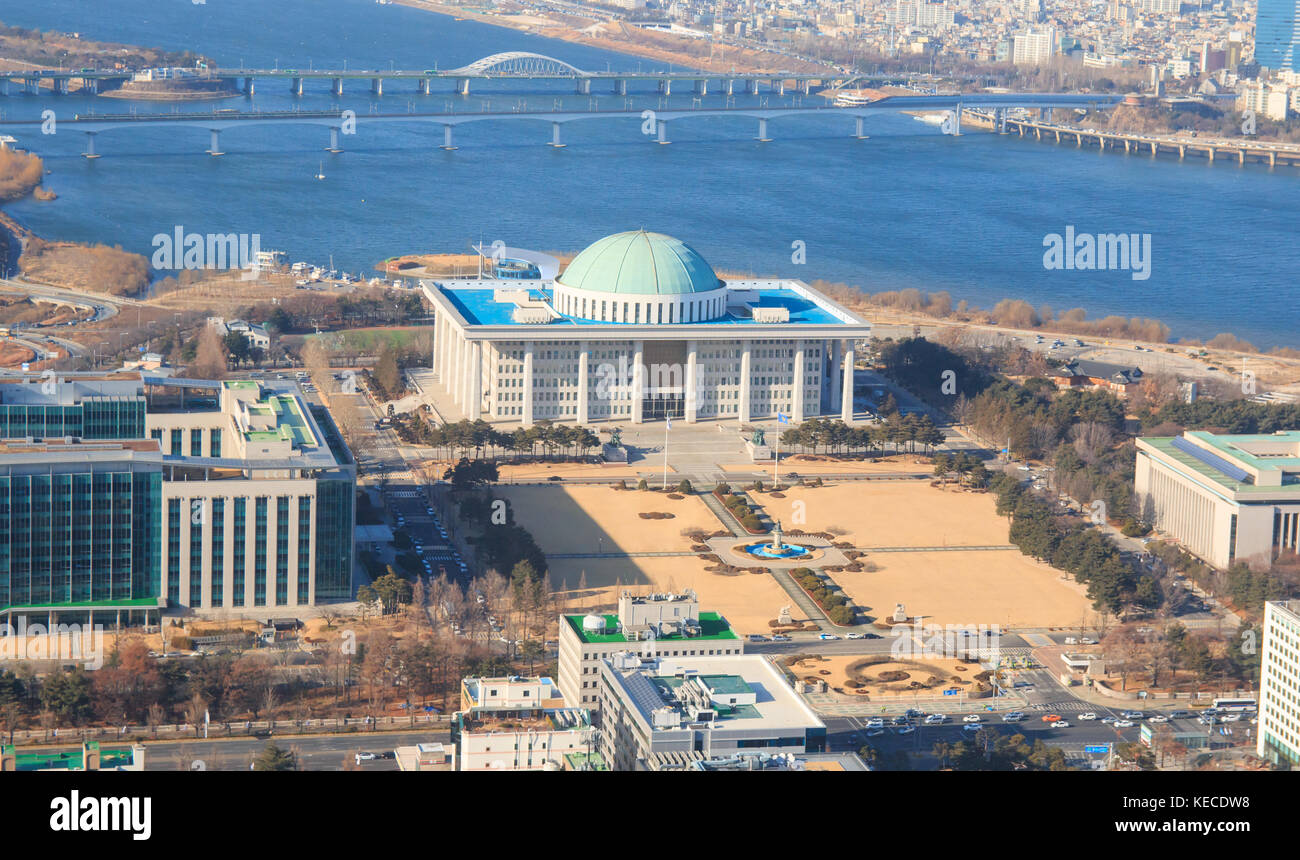 Seoul, Corea del Sud - 14 gennaio 2017: highangle vista di yeouido, il cuore della politica e del settore finanziario in Corea, Foto Stock