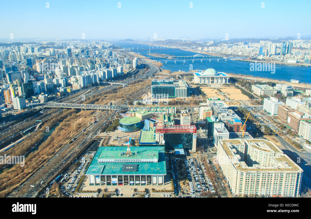 Seoul, Corea del Sud - 14 gennaio 2017: highangle vista di yeouido, il cuore della politica e del settore finanziario in Corea, Foto Stock