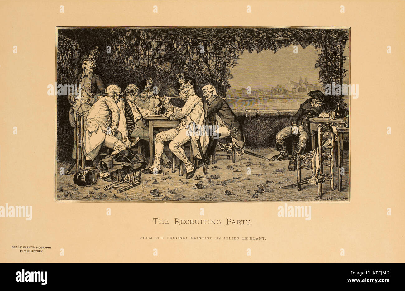 The Recruiting Party, Woodcut Engraving from the Original Painting di Julien le Blant, The Masterpieces of French Art di Louis Viardot, pubblicato da Gravure Gooupil et Cie, Parigi, 1882, Gebbie & Co., Philadelphia, 1883 Foto Stock