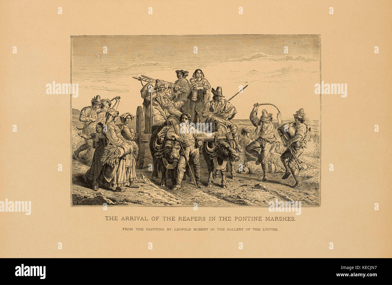 L'arrivo dei mietitori nelle paludi pontine, incisione su legno dal dipinto originale di Leopold Robert, i capolavori di arte francese da louis viardot, pubblicato da rotocalco goupil et Cie, Paris, 1882, gebbie & Co., Philadelphia, 1883 Foto Stock