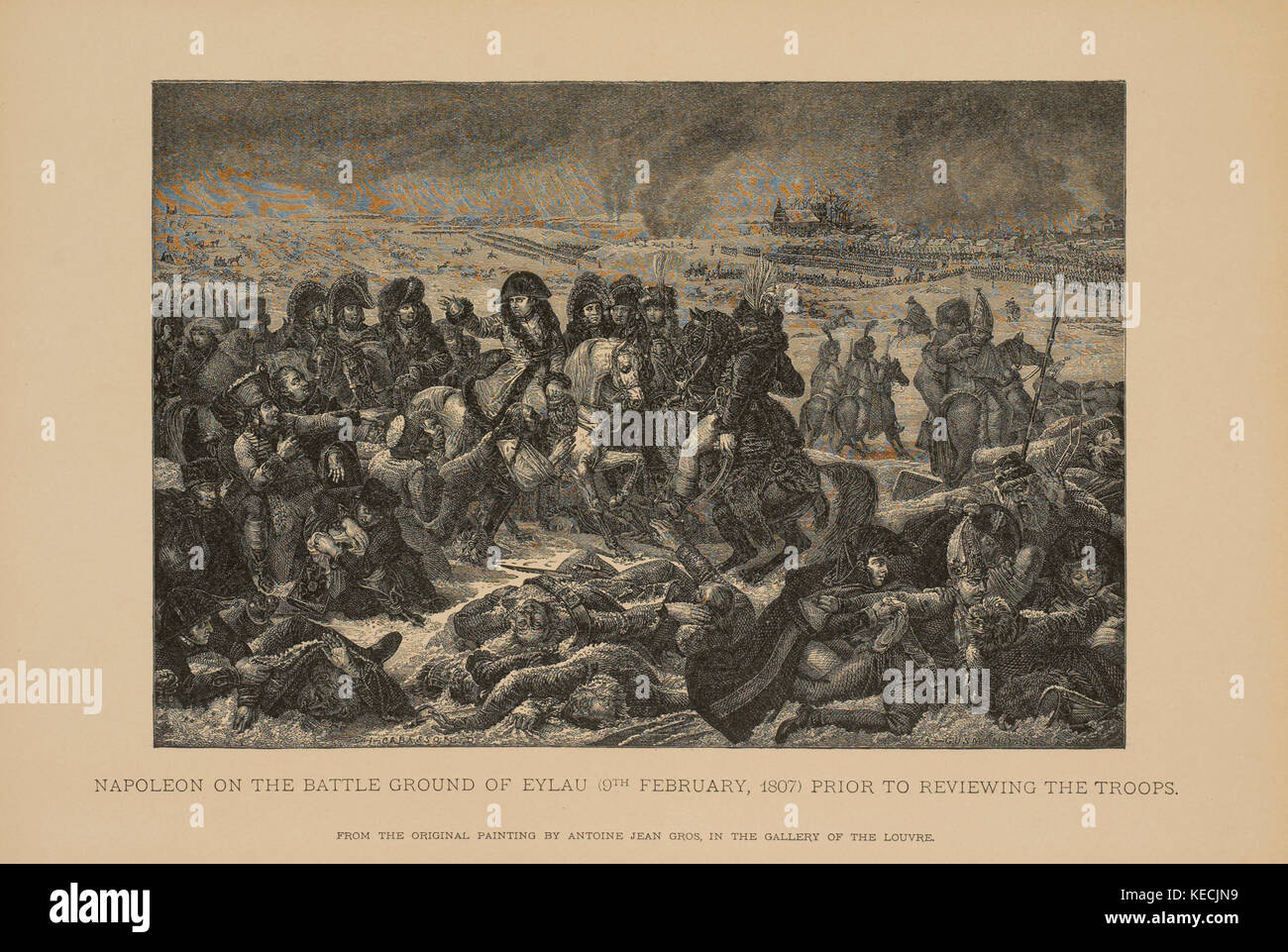 Napoleone sul campo di battaglia di eylau (9 febbraio 1807) prima di riesaminare le truppe, xilografia incisione da dipinto originale di antoine jean gros, 1883 Foto Stock