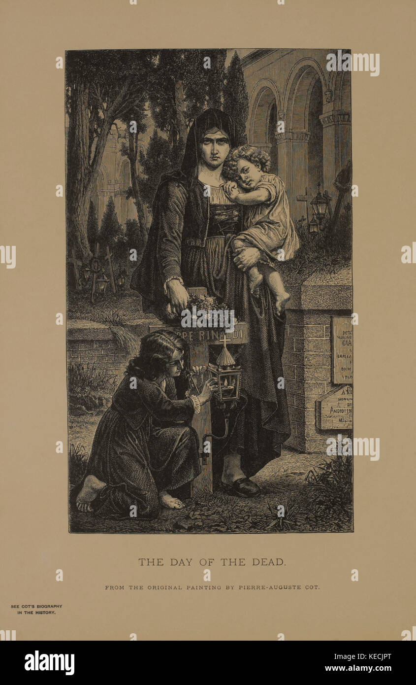 Il giorno dei morti, xilografia incisione da dipinto originale di pierre-auguste cot, i capolavori di arte francese da louis viardot, pubblicato da rotocalco goupil et Cie, Paris, 1882, gebbie & Co., Philadelphia, 1883 Foto Stock