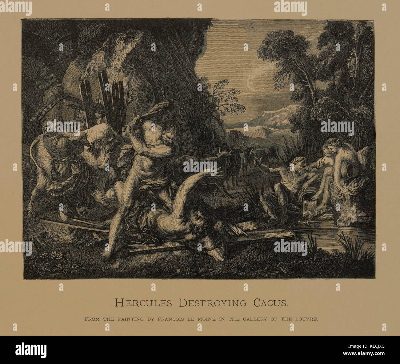 Hercules distruggendo caco, xilografia incisione dall'originale 1718 dipinto da francois le moine, i capolavori di arte francese da louis viardot, pubblicato da rotocalco goupil et Cie, Paris, 1882, gebbie & Co., Philadelphia, 1883 Foto Stock