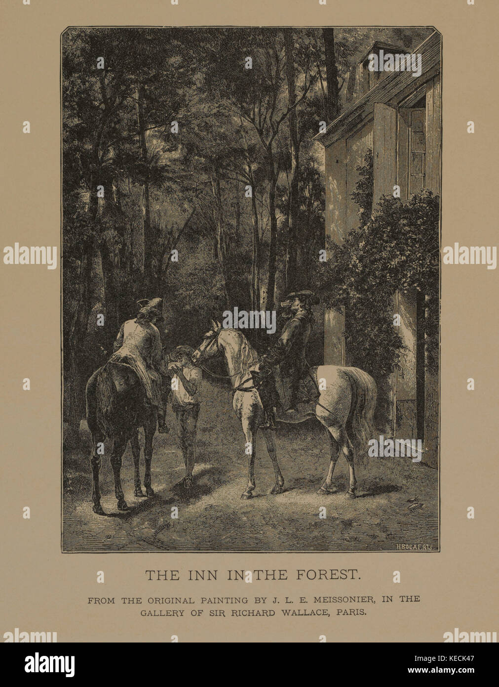 La locanda in foresta, xilografia incisione da dipinto originale di Jean-louis ernest meissonier, i capolavori di arte francese da louis viardot, pubblicato da rotocalco goupil et Cie, Paris, 1882, gebbie & Co., Philadelphia, 1883 Foto Stock