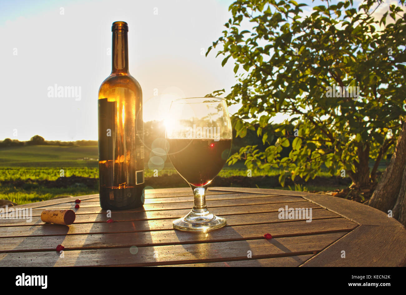 Bicchiere di vino rosso con la bottiglia aperta, sughero e bacche rosse sul tavolo di legno con campi verdi, Bush e del tramonto in background Foto Stock