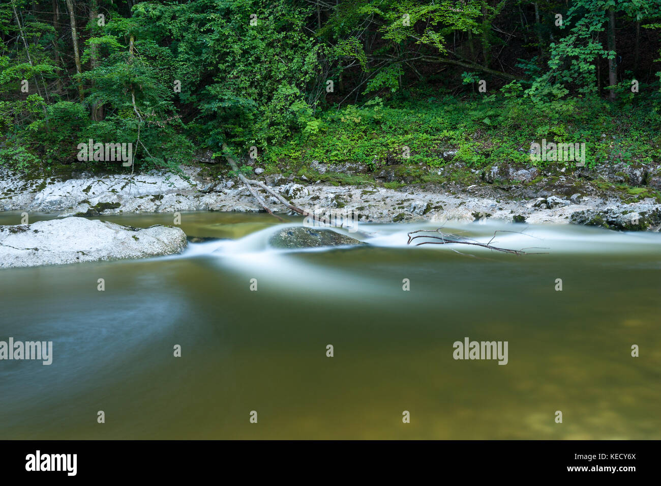 Tranquillo fiume rettenbach (Salzkammergut, Austria) in estate, una lunga esposizione Foto Stock