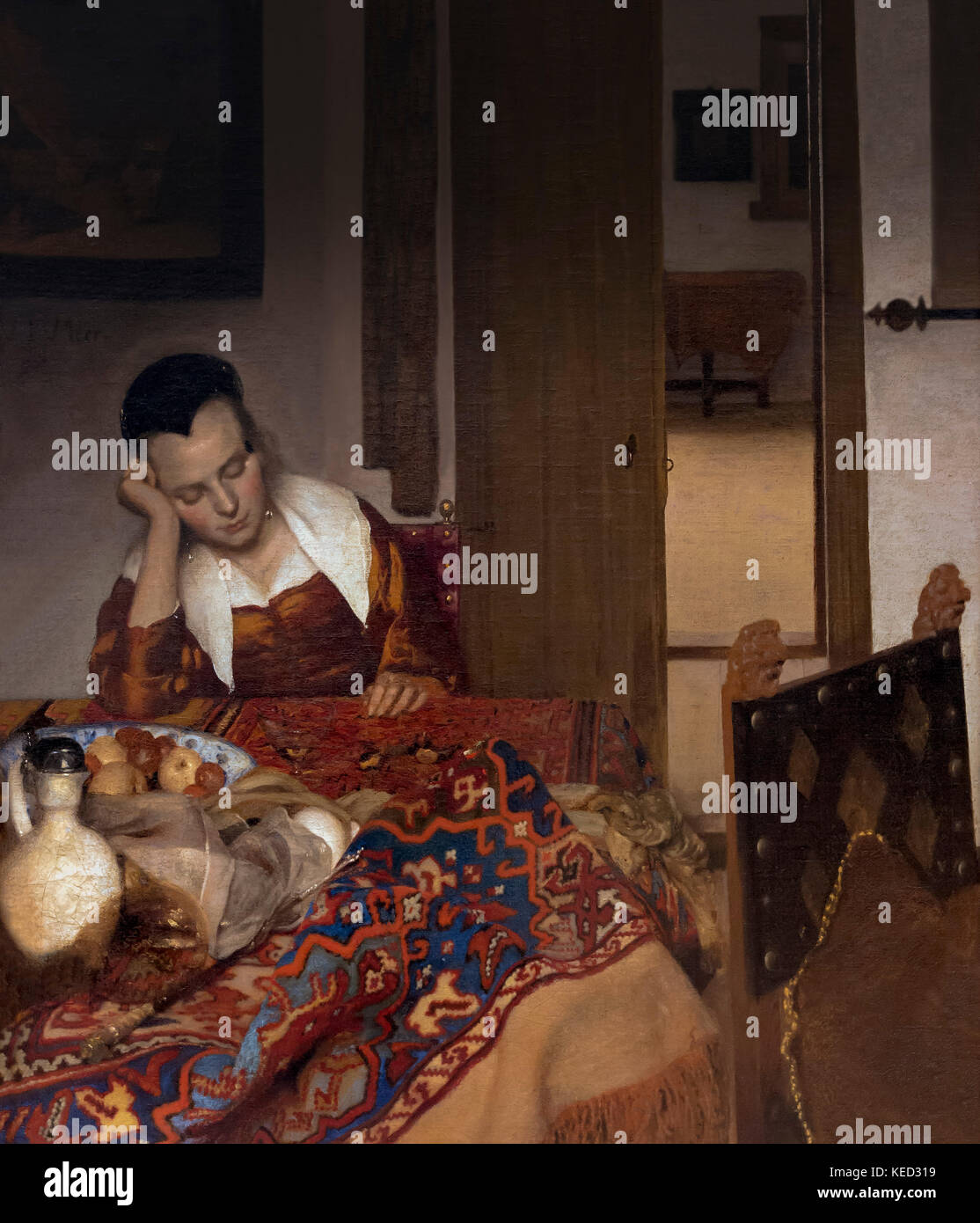 Una cameriera addormentato, Johannes Vermeer, circa 1656-1657, Metropolitan Museum of Art, Manhattan, New York City, Stati Uniti d'America, America del Nord Foto Stock