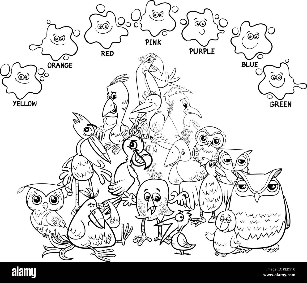 Bianco e nero cartoon illustrazione dei colori di base pagina educativa per bambini con uccelli caratteri animale libro da colorare Illustrazione Vettoriale