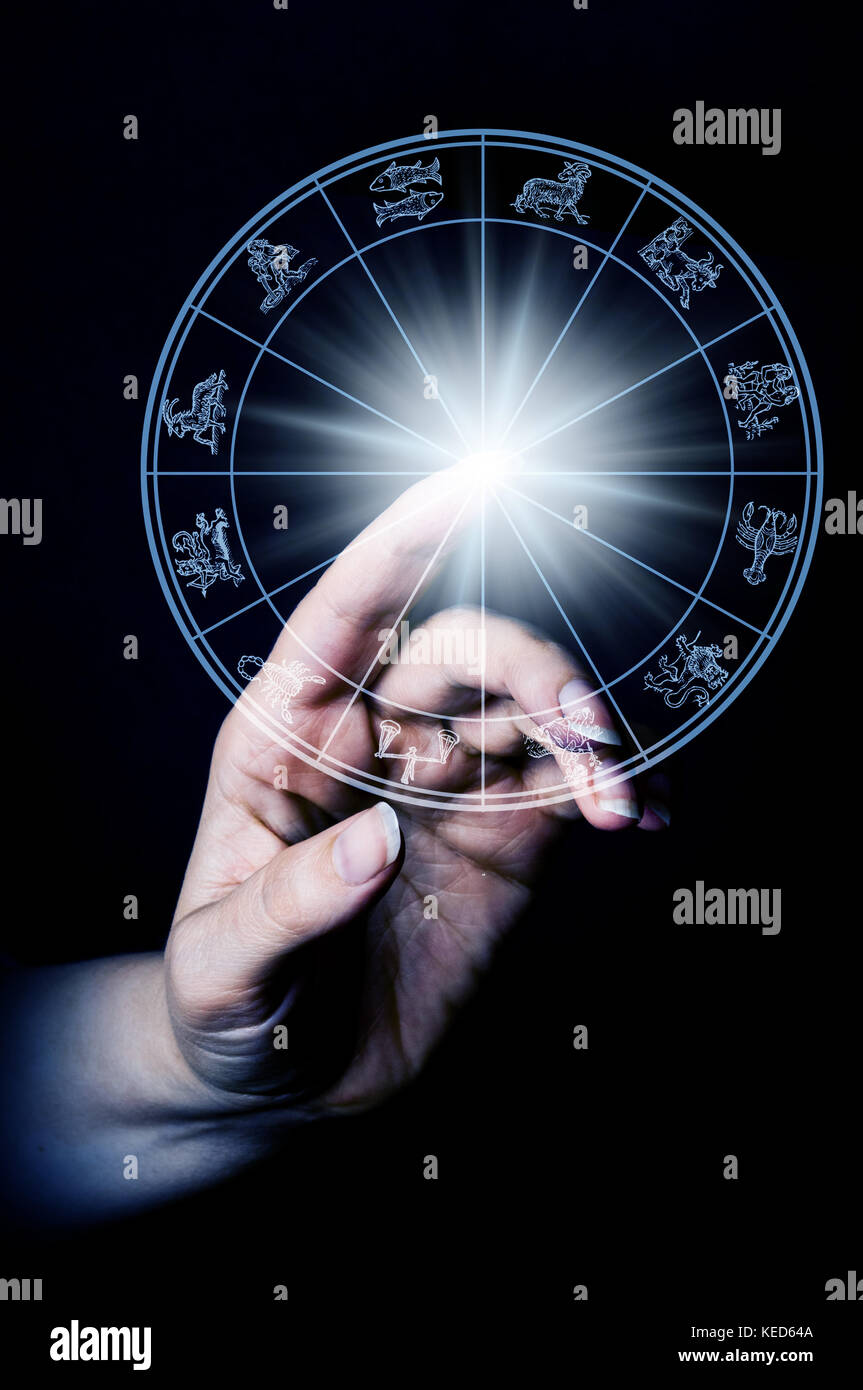 La mano di toccare un grafico di astrologia con tutti i segni zodiacali Foto Stock
