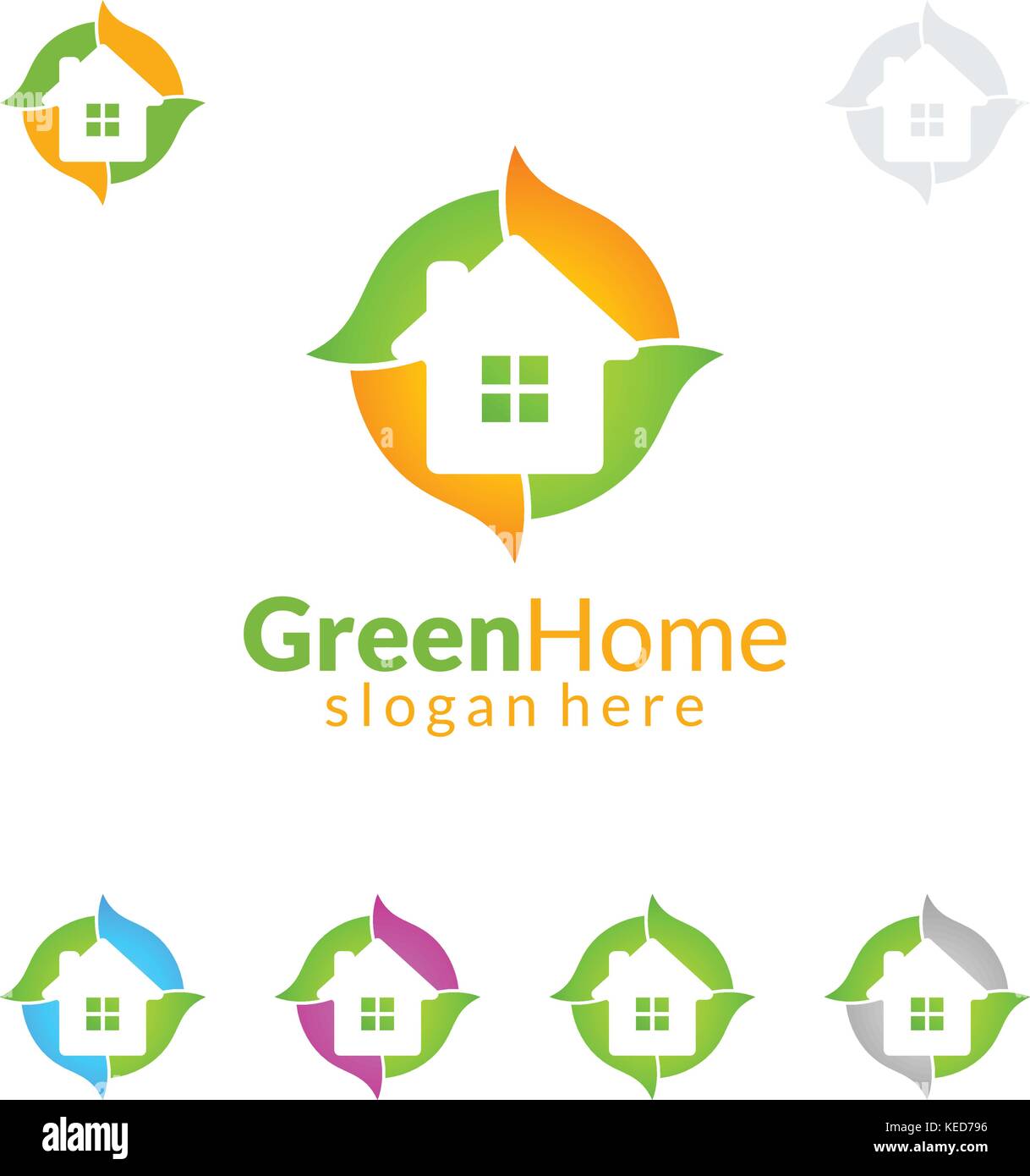 Green Home il logo Real Estate vector logo design con casa ed ecologia forma, isolati su sfondo bianco Illustrazione Vettoriale