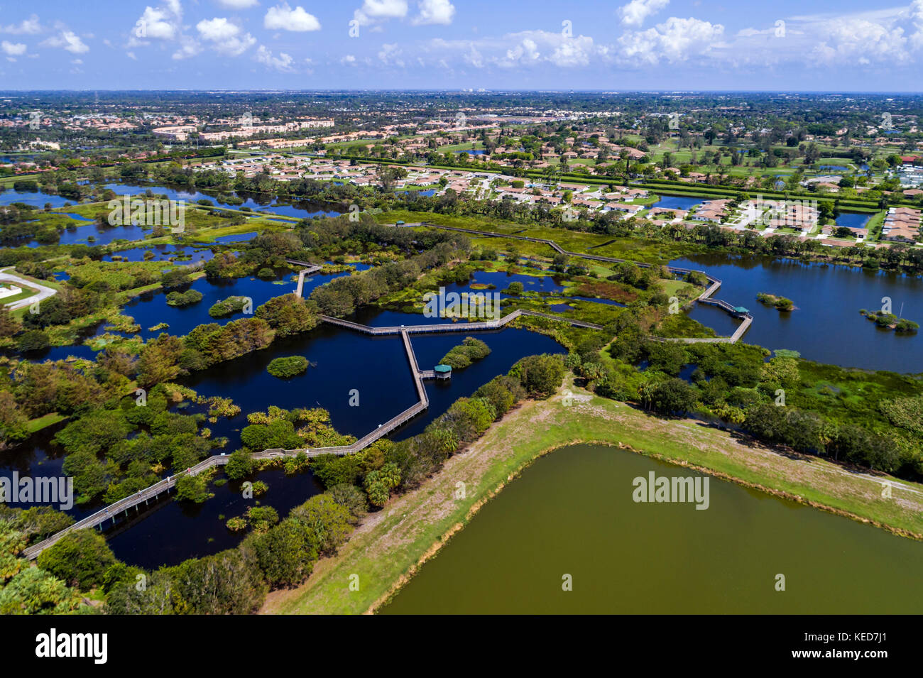 Delray Beach Florida, Wakodahatchee Nature Wetlands Raised boardwalk Trail, vista aerea, case di quartiere residenziale, Foto Stock