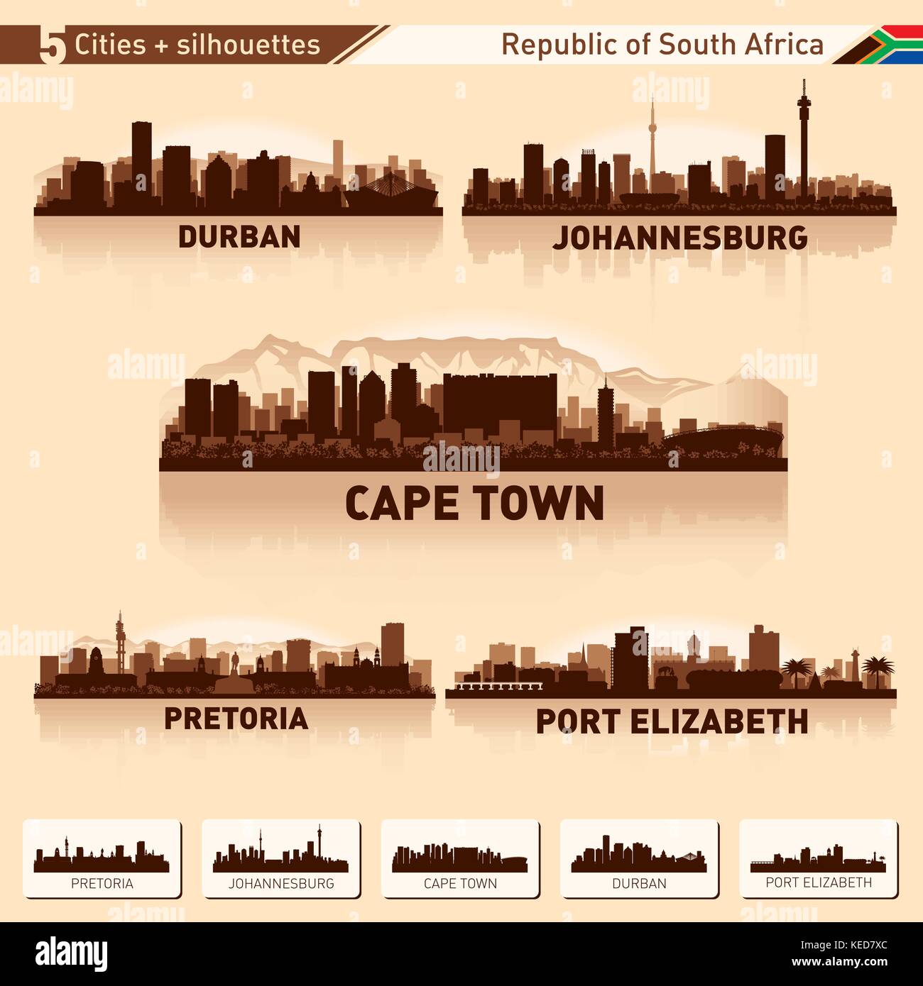 Skyline della città insieme a Sud Africa vettore illustrazione silhouette. Illustrazione Vettoriale